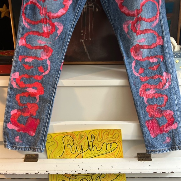 Levi's 501’s Blue and Pink Painted Artistic Straight Leg Jeans W26" X L28" - Picture 4 of 16